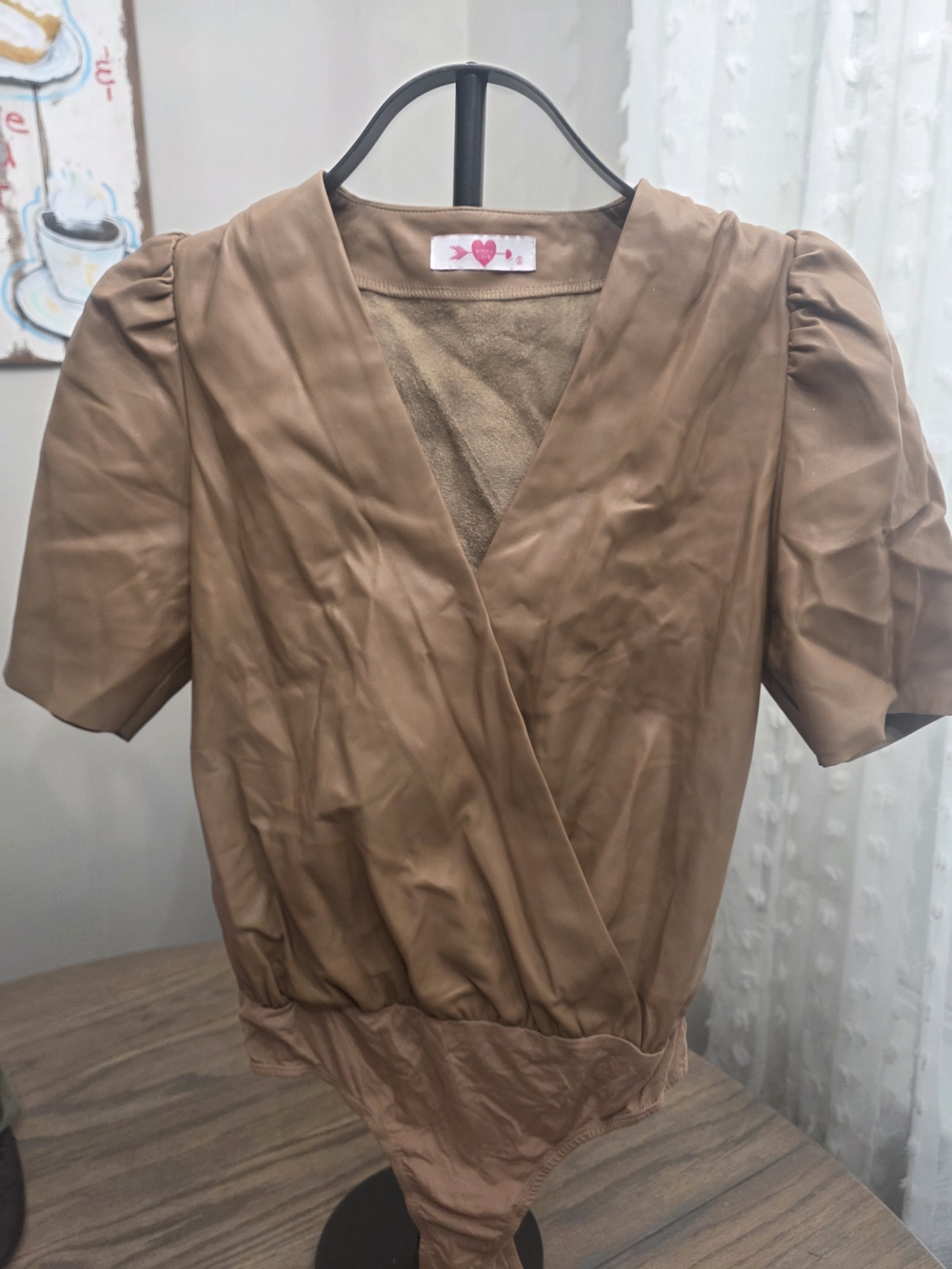 Buddy Love Brown Faux Leather Short Sleeve Bodysuit Sz Small